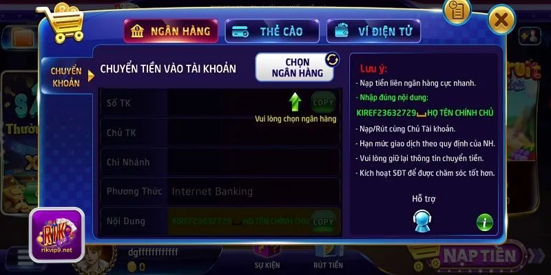 Nạp tiền cổng game RIKVIP đơn giản